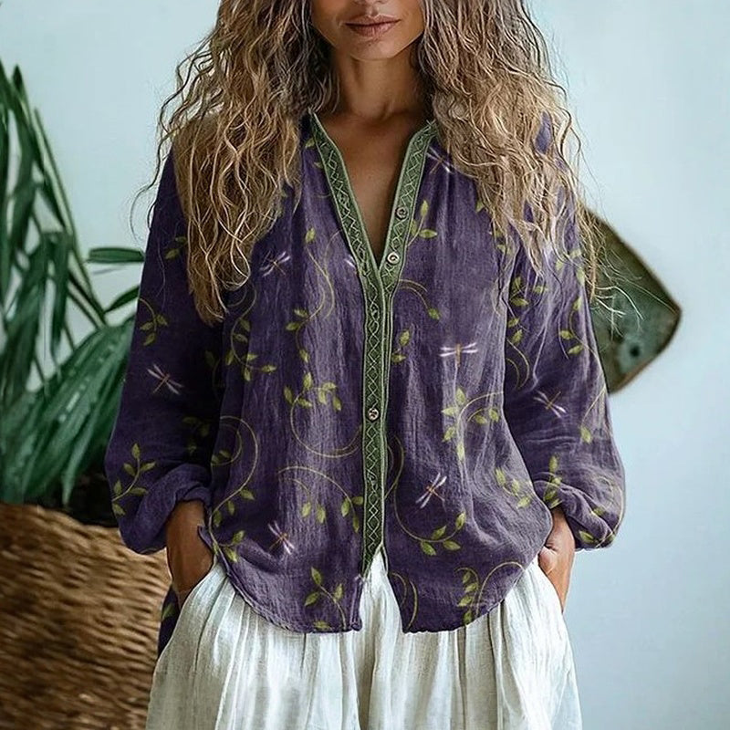 Ambre - Vintage Blouse met Bladprint