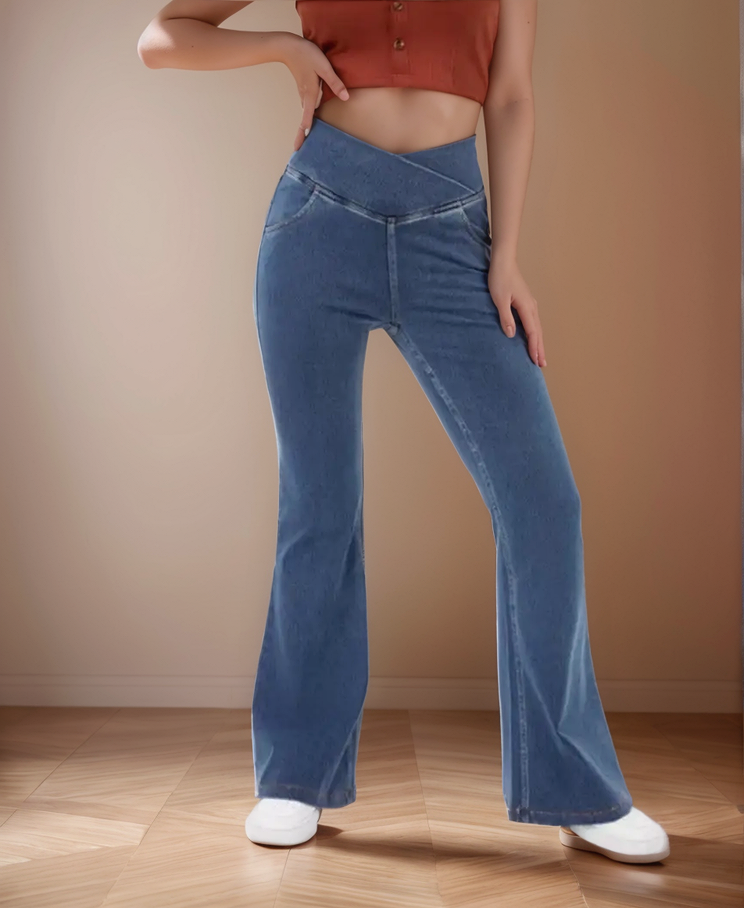 Valeo - Uitlopende Denim Broek met Elastische Tailleband