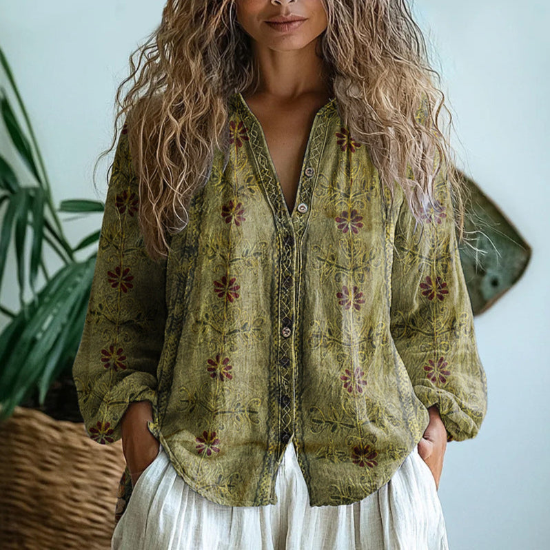 Ambre - Vintage Blouse met Bladprint